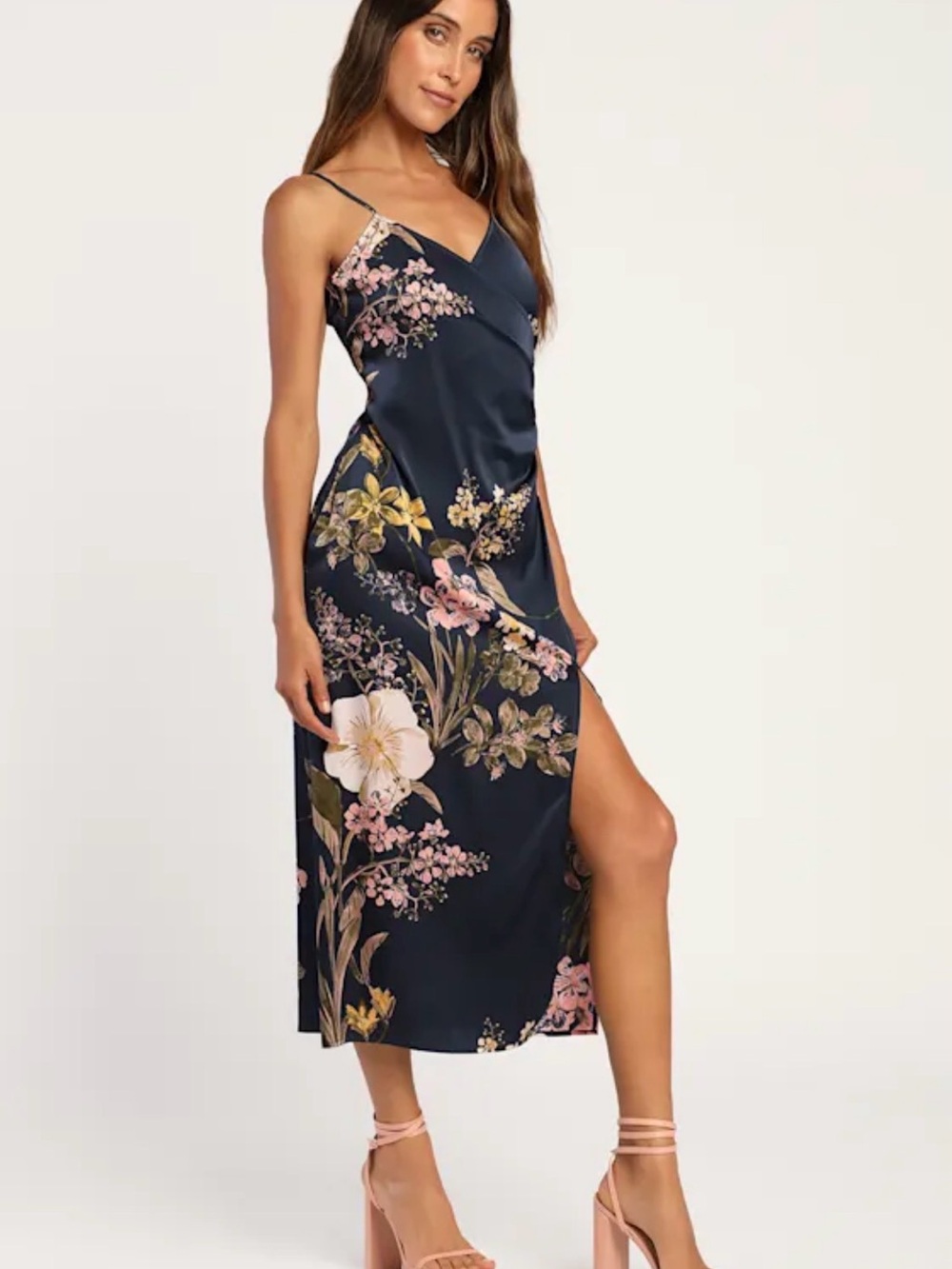 “Remarkable Entrance” LuLus Navy Floral Print Satin Midi Dress with Slit